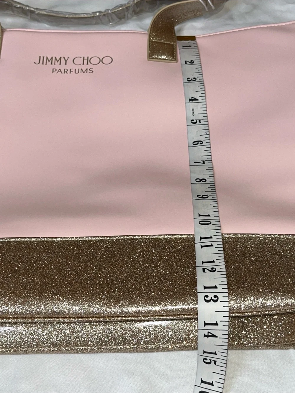 Jimmy Choo Parfum Tote Bag Pink & Gold Glitter Large Shoulder Bag Faux Leather